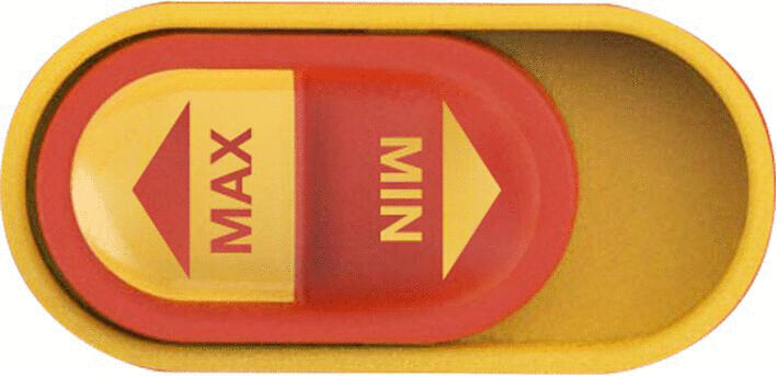 The image shows an oval switch in yellow with two marked positions: "MAX" in red on the left and "MIN" in red on the right. An arrow points up for "MAX" and down for "MIN".