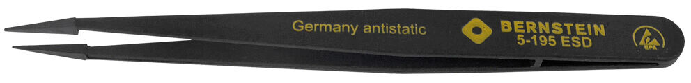 Das Bild zeigt eine schwarze Pinzette mit spitzen Enden. Auf der Oberseite ist in gelber Schrift "Germany antistatic" und "BERNSTEIN 5-195 ESD" zu lesen.