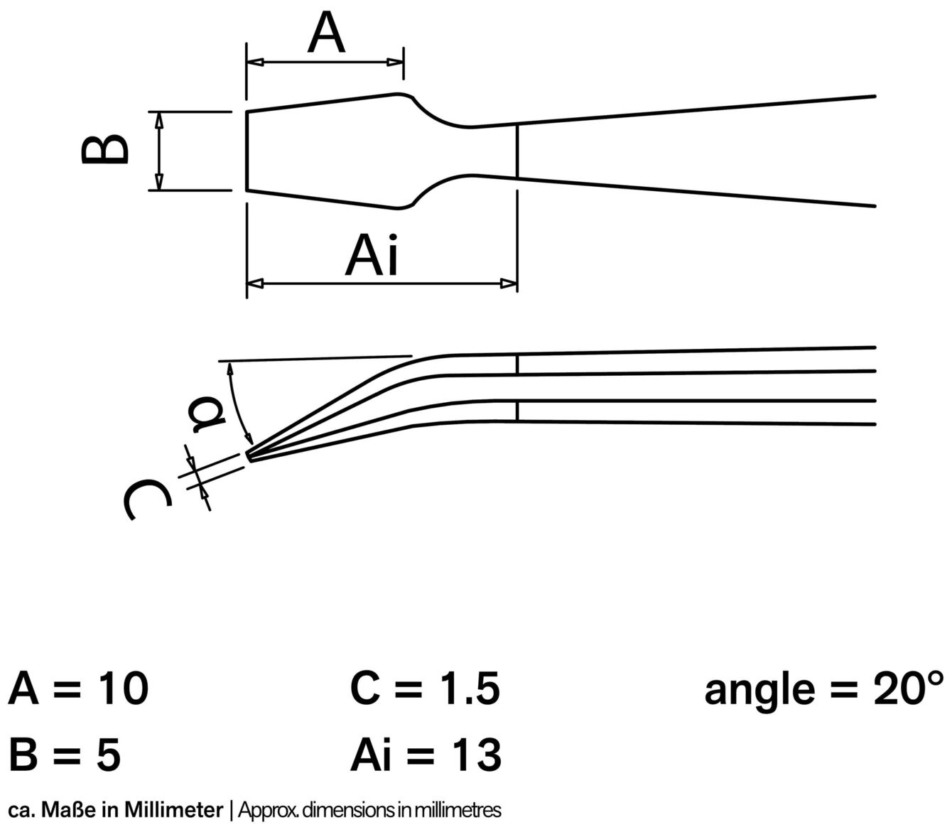 Das Bild zeigt technische Zeichnungen mit Maßen für ein Objekt. Es enthält zwei Ansichten: eine oberseitige und eine Seitenansicht. Dimensionen sind in Millimetern angegeben.