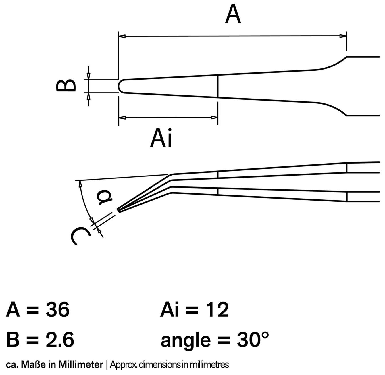 Das Bild zeigt eine technische Zeichnung mit Maßen und einem Winkel. Es sind zwei perspektivische Ansichten eines Objekts, das schmal und an den Spitzen geformt ist, mit angegebenen Abmessungen in Millimetern.