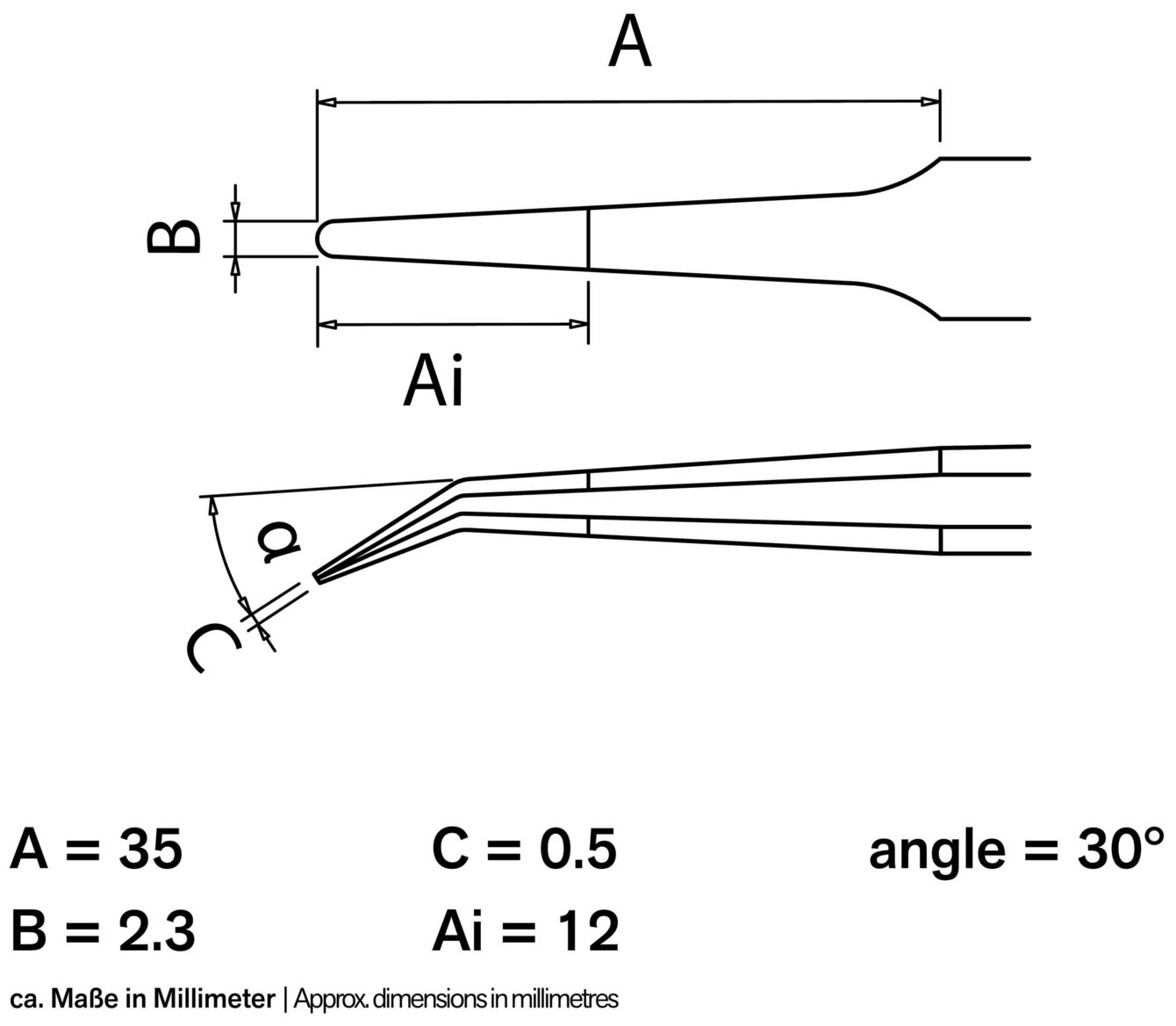 Das Bild zeigt technische Zeichnungen eines Werkzeugs mit verschiedenen Maßen: A = 35 mm, B = 2,3 mm, und Winkel von 30°. Linien und Maße sind deutlich dargestellt.