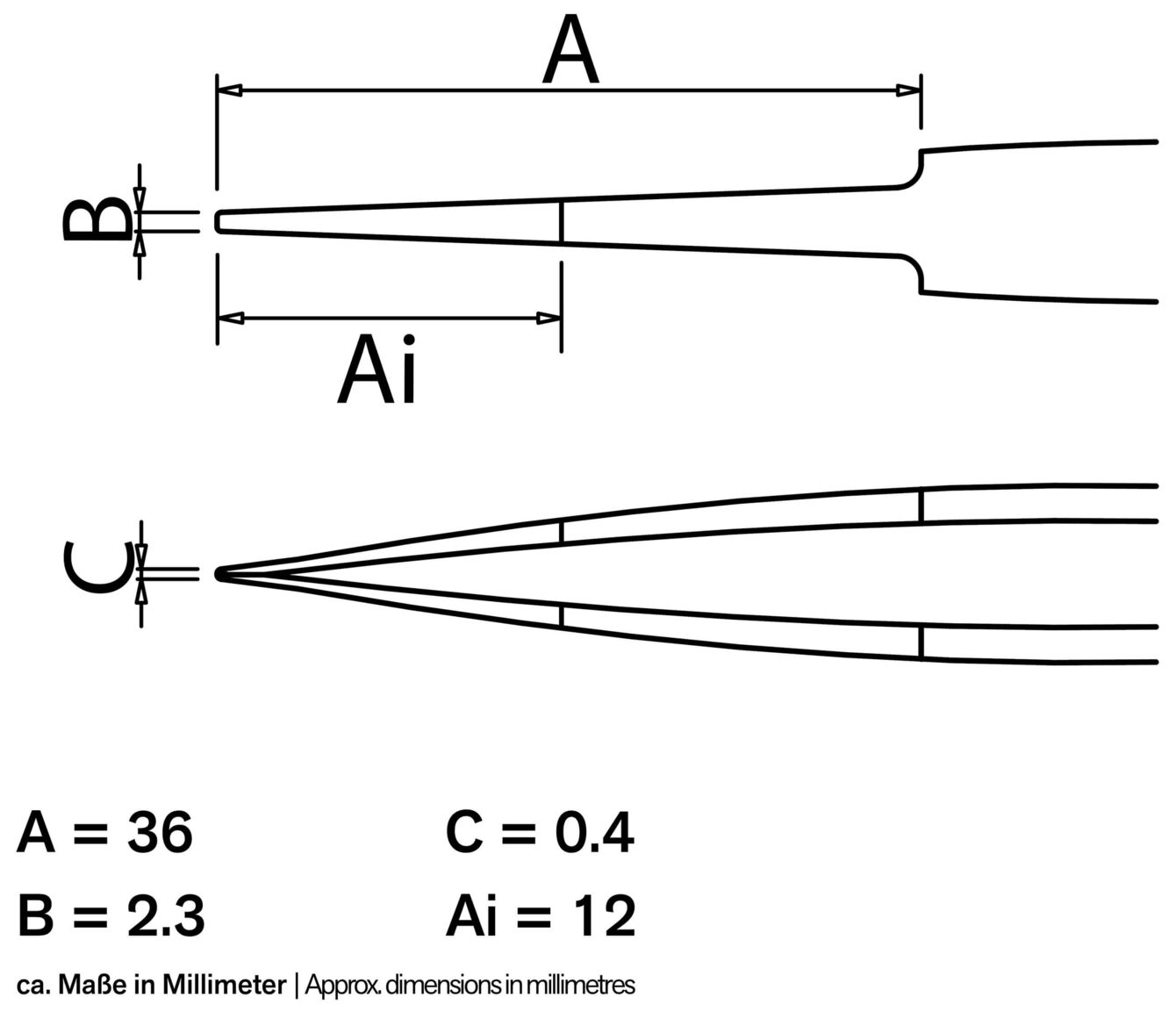 Das Bild zeigt technische Zeichnungen eines Objekts mit verschiedenen Maßen. Es gibt mehrere Maße: A, B, C und Ai, dargestellt in Millimetern. Die Zeichnungen sind schematisch und technisch orientiert.