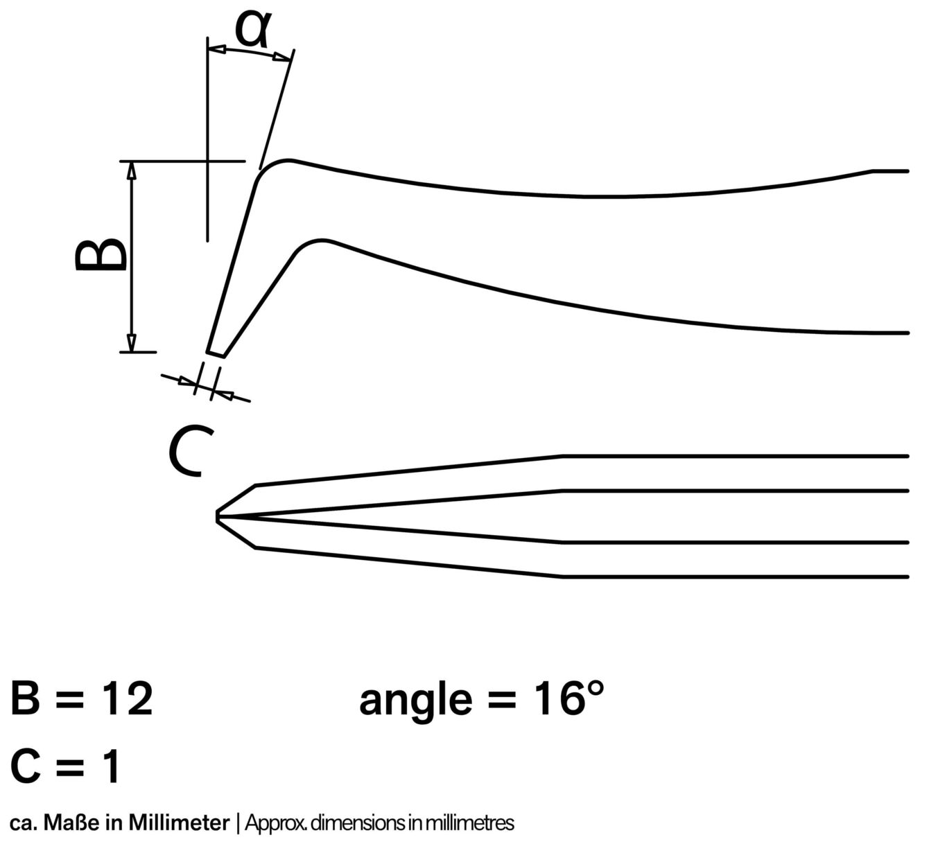 Das Bild zeigt technische Zeichnungen eines Werkzeugs mit den Maßen B=12 mm, C=1 mm und einem Winkel von 16°. Es sind Linien und Maßangaben skizziert.