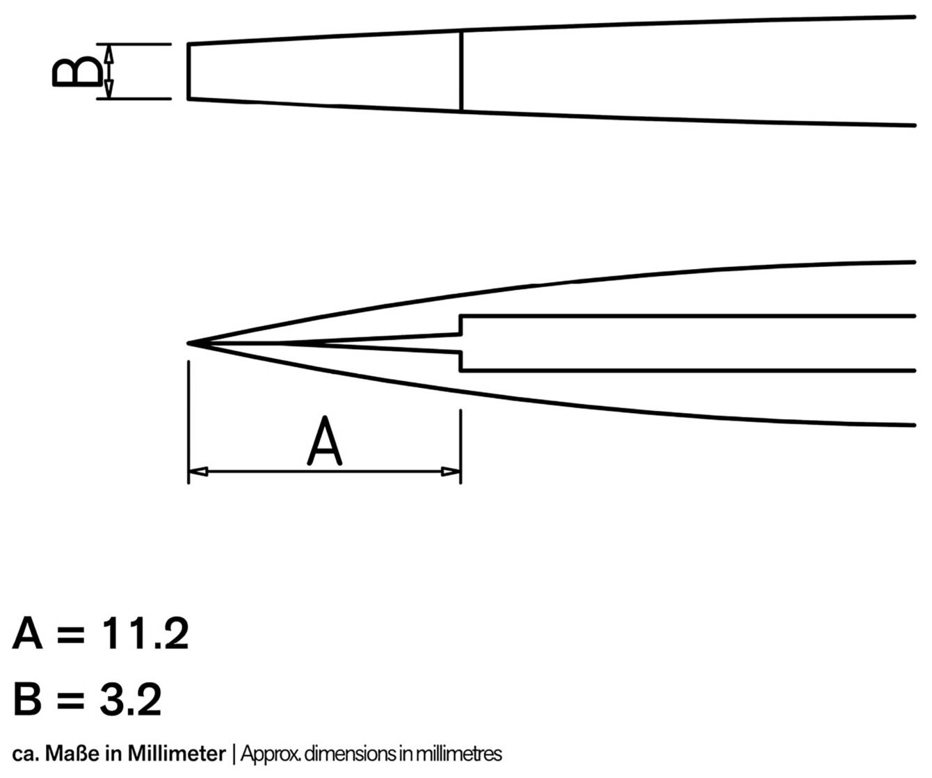 Das Bild zeigt eine technische Zeichnung eines Objekts mit zwei markierten Längen: A ist 11,2 mm und B ist 3,2 mm. Eine seitliche und eine perspektivische Ansicht sind dargestellt.