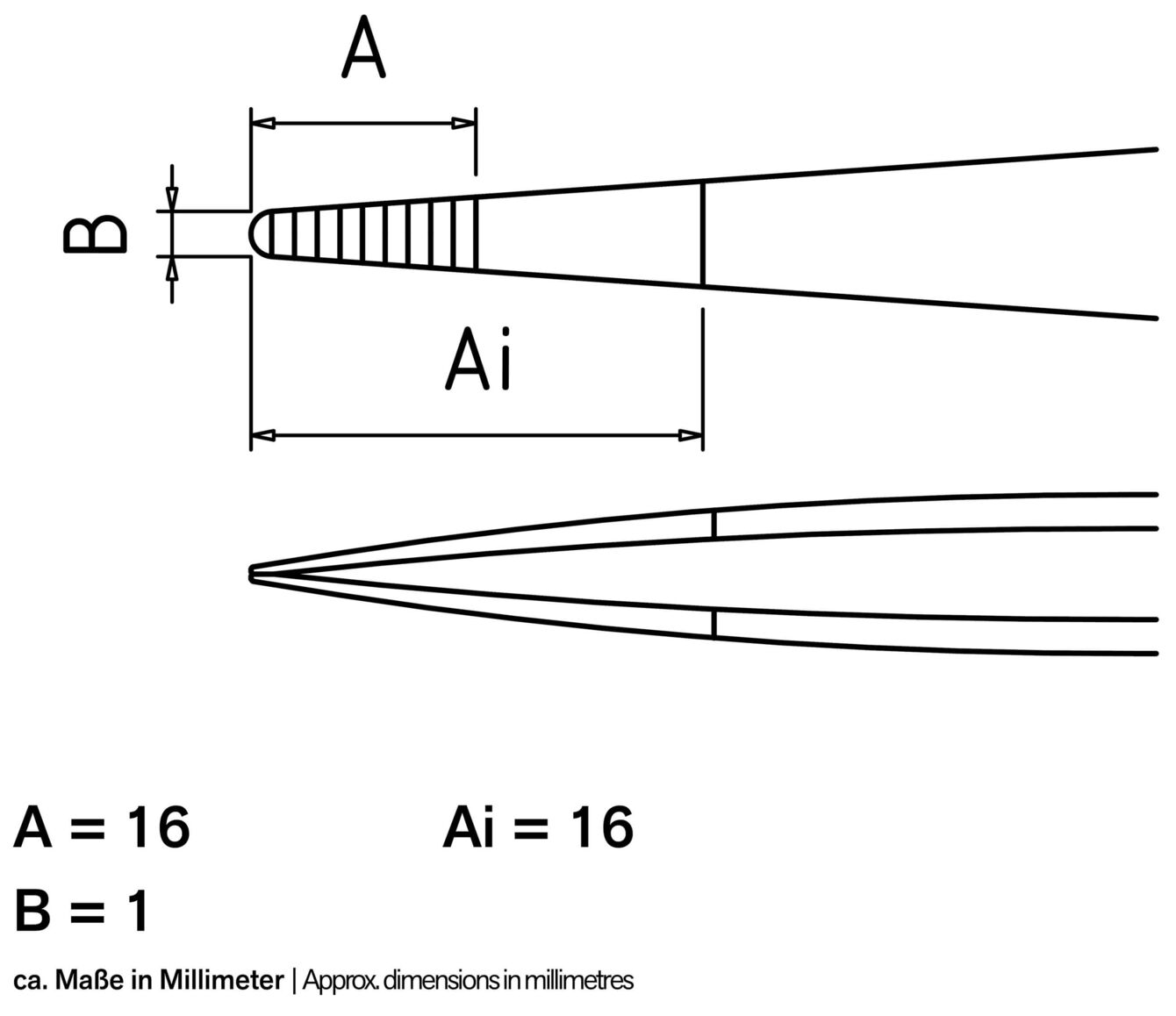 Das Bild zeigt eine technische Zeichnung eines Objekts mit verschiedenen Maßen. Oben sind zwei senkrechte Linien und horizontal dimensionierte Segmente. Maße: A = 16 mm, Ai = 16 mm, B = 1 mm.