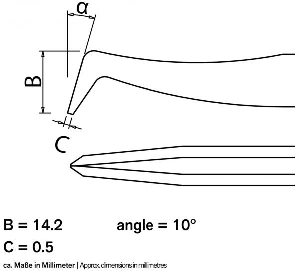 Das Bild zeigt technische Zeichnungen eines Objekts mit maßen. Es enthält Linien, die einen spitzen Teil darstellen, sowie Maßangaben für B (14,2 mm) und C (0,5 mm). Der Winkel ist 10°.