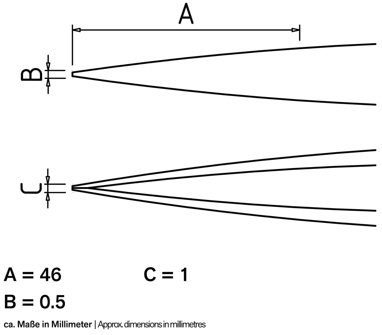 The image displays a technical drawing with three dimension lines (A, B, C) and corresponding measurements in millimeters. The lines indicate various widths and shapes.