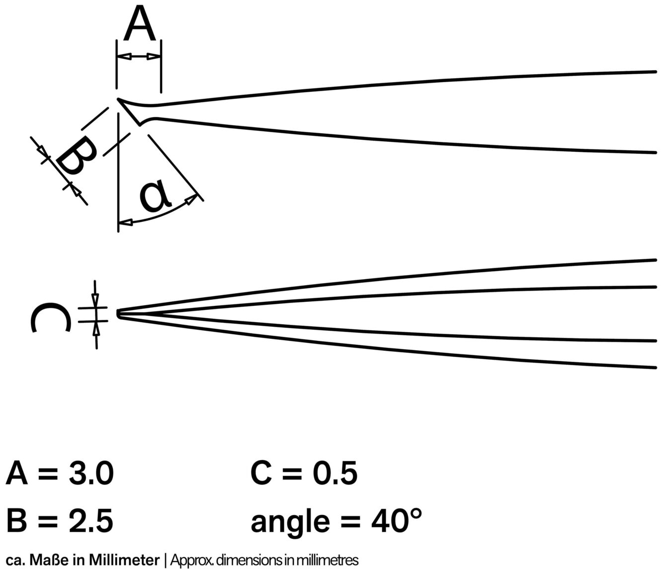 The image displays technical drawings with lines and dimensions. At the top, letters A, B, and an angle a are depicted. Below are the dimensions: A=3.0mm, B=2.5mm, C=0.5mm, Angle=40°.