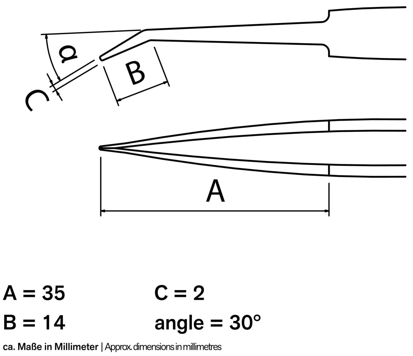 The image depicts a sketched pair of pliers with various dimensions: A = 35 mm, B = 14 mm, C = 2 mm, and an angle of 30°. Measurements are labeled for clarity.