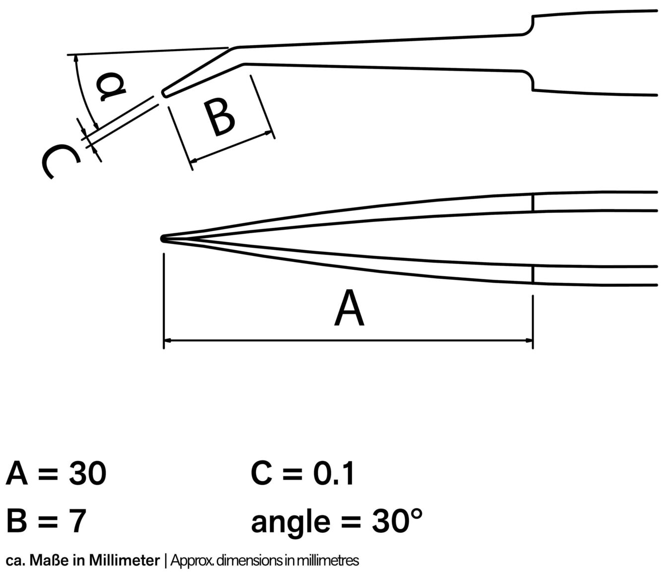 The image shows a technical drawing of a tool, likely a pair of tweezers. It includes dimensions (A, B, C) in millimeters and an angle of 30°.