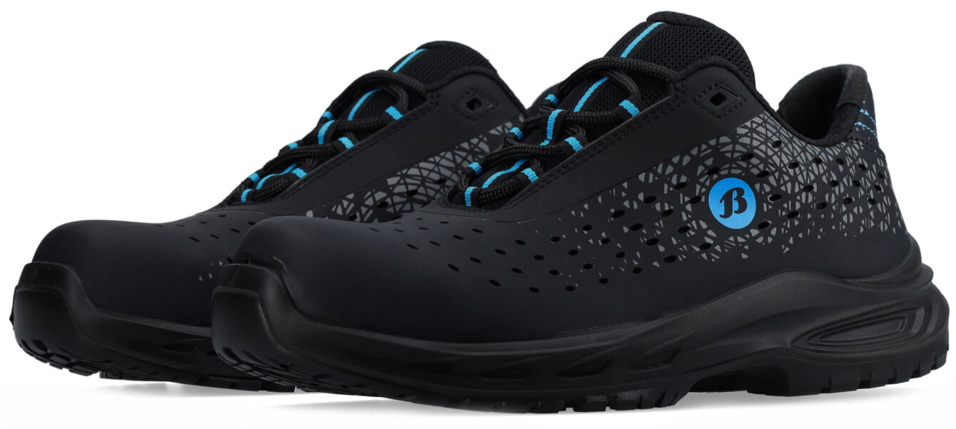 They are black athletic shoes with a breathable design and blue accents. The sole is sturdy, and the upper material has many small openings for good ventilation.