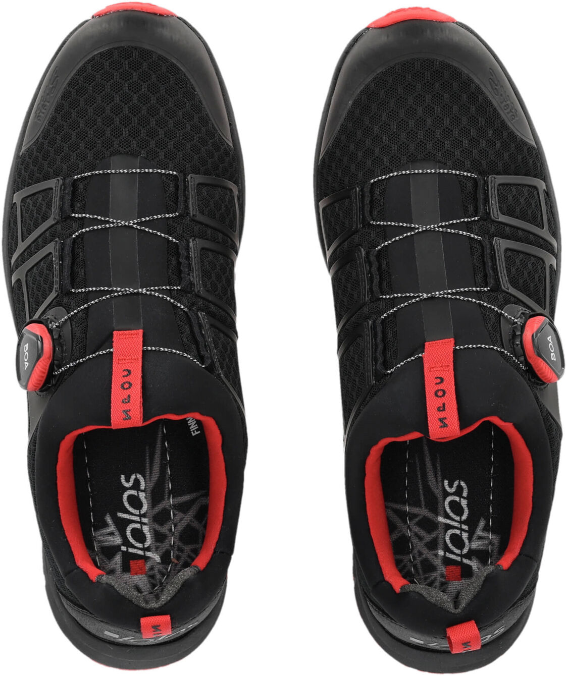 The image shows a pair of black sports shoes with red and gray accents. They feature practical lacing and an elastic, breathable upper, ideal for sports.