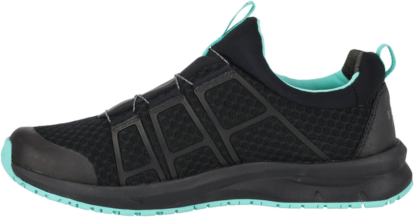 The shoe is sporty and has a black mesh upper. The sole is green-turquoise. It features elastic laces and a padded insole for comfort.