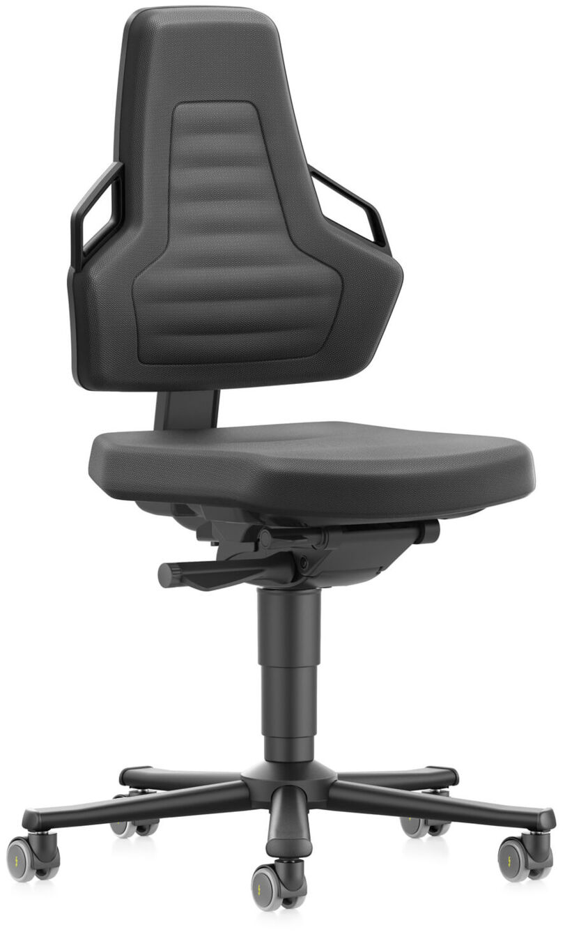 The swivel chair has a high backrest and a padded seat. It is black, with side armrests and an adjustable seat height. The base has five casters for easy mobility.