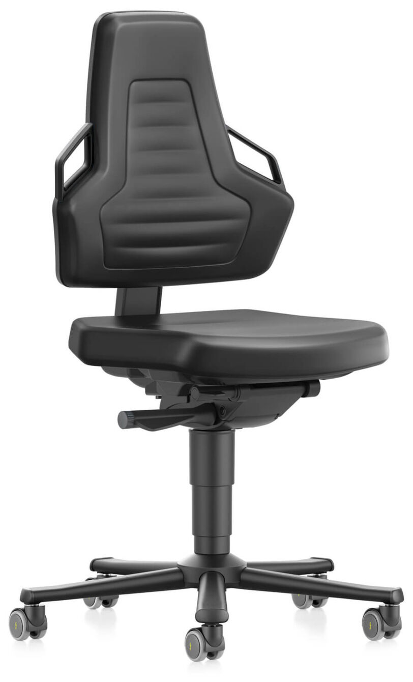 The chair is black and has an ergonomic backrest with a textured surface. It has armrests and rolls on a five-wheeled base. The seat height is adjustable.