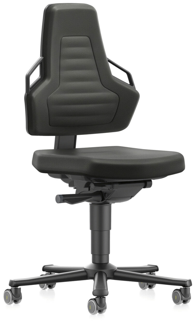 The office chair features an ergonomic, green backrest with side handles and a lightly padded seat. It is mounted on a wheeled base that facilitates mobility.