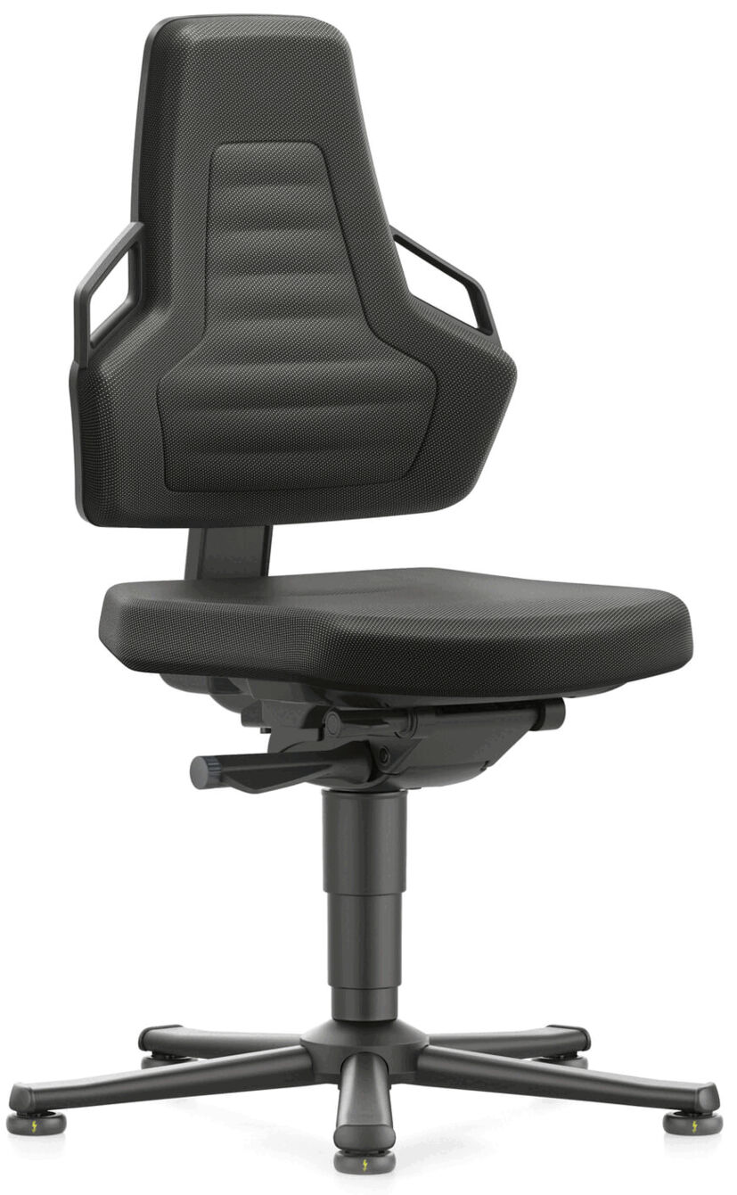 The chair is ergonomically shaped, has a black, textured surface, and high side supports. The seat is wide and padded, with height adjustability.