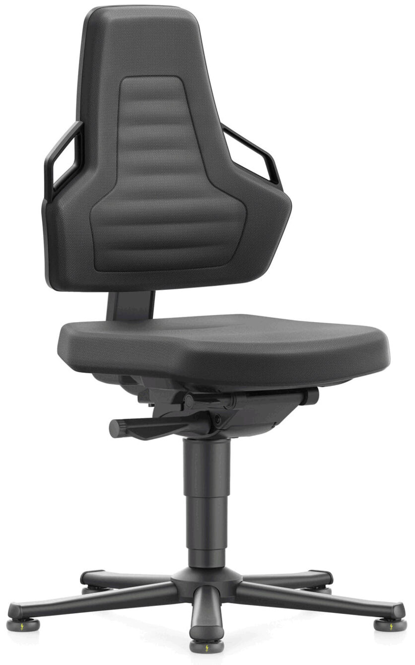 In the picture, there is a black office chair. It has a high backrest with a textured surface and wide armrests. The seat is flat and the chair is on a stable base with casters.