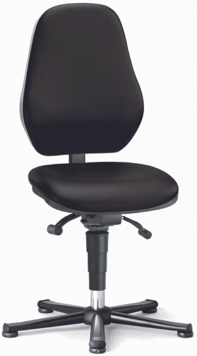 The image shows a black office chair with a padded seat and a high backrest. It has an adjustable height and a sturdy base with five casters.