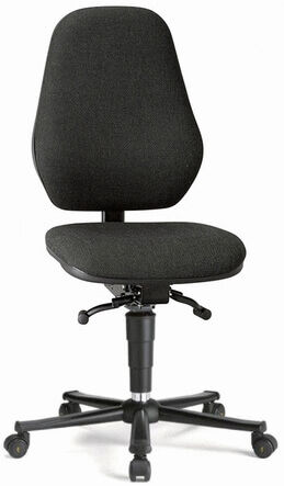 The chair is ergonomically shaped with a high, slightly curved back and a wide seat. It is black, has an adjustable height, and stands on a five-pronged base with casters.