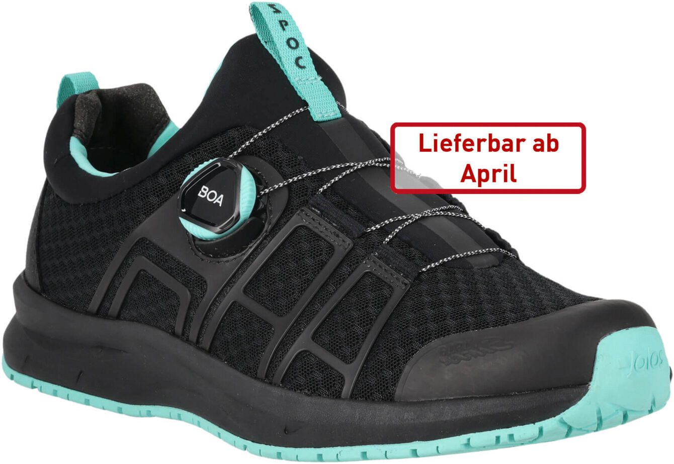 The image shows a black sports shoe with turquoise accents. It features a lightweight upper and a special lacing system. A note states that it will be available from April.