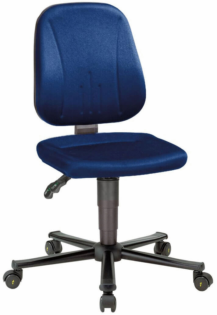 The office chair has a blue cover and a high backrest. It stands on a rolling base with five wheels and has an adjustable height. The armrests are missing.