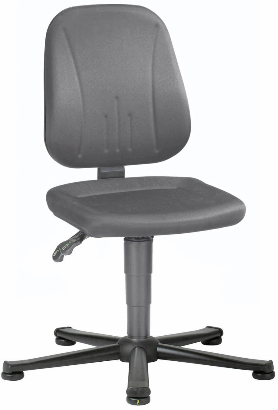 The chair is swivel and has a gray, padded seat as well as a high backrest. The legs are made of a sturdy cross with wheels for easy movement.