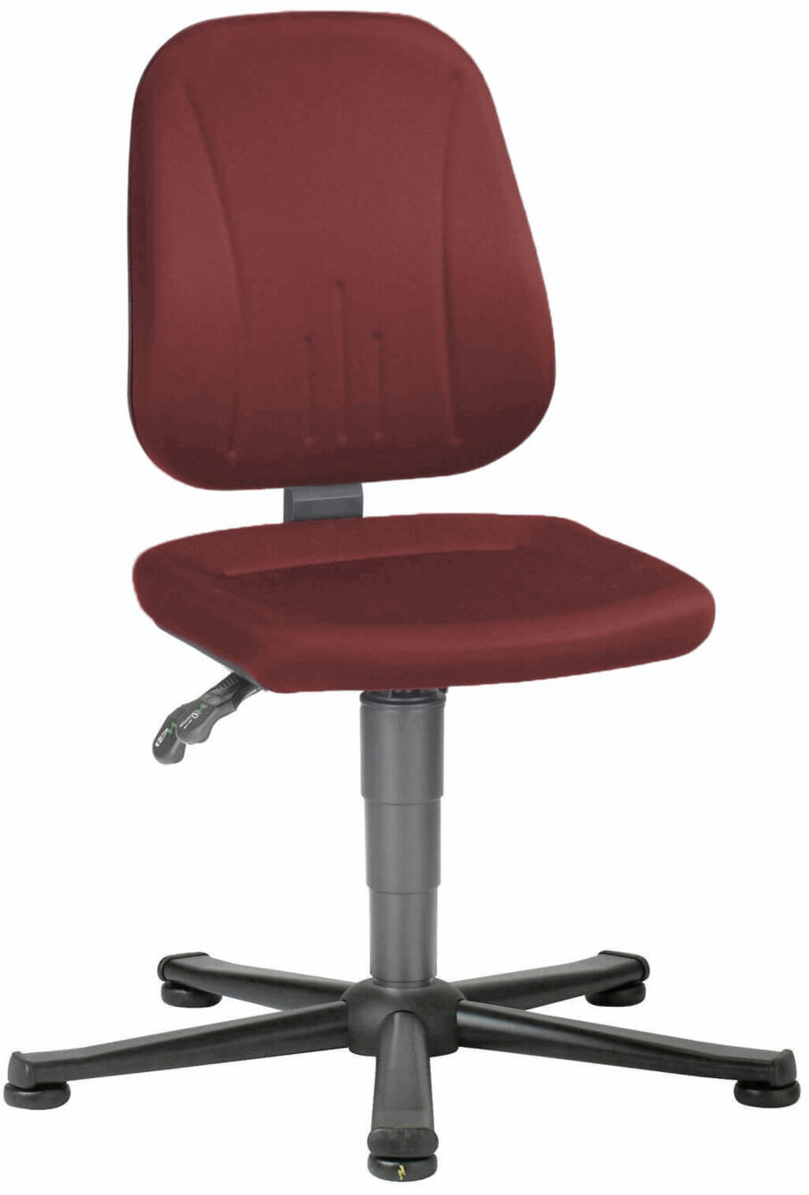 The chair has a red, padded seat and backrest. It is mounted on a five-spoke base with casters. The height is adjustable and the shape is ergonomic.