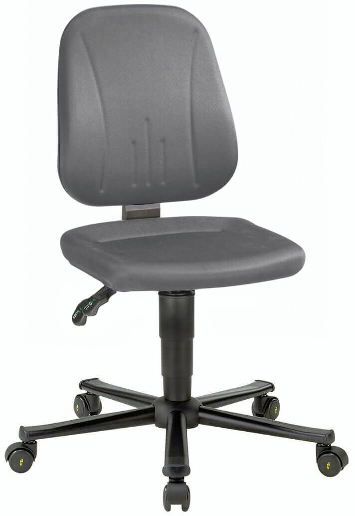 The office chair has a gray, padded seat and backrest with a line pattern. It stands on a five-ray base with casters to allow mobility.