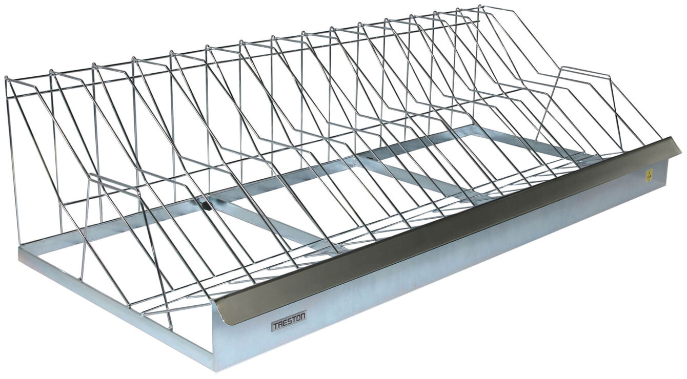 The image shows a metal rack with a corrugated wire mesh structure. It is made of silver metal and has a flat base. The grids are arranged at an angle, allowing multiple items to be placed on it.