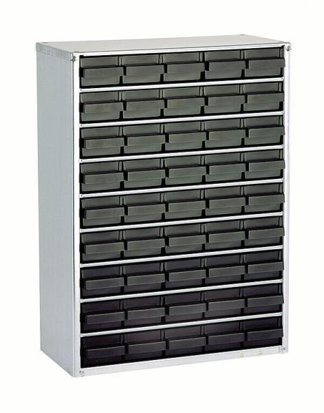 The image shows a squat metal storage cabinet with 20 small drawers in two vertical rows. The drawers are black and provide storage space for small items.