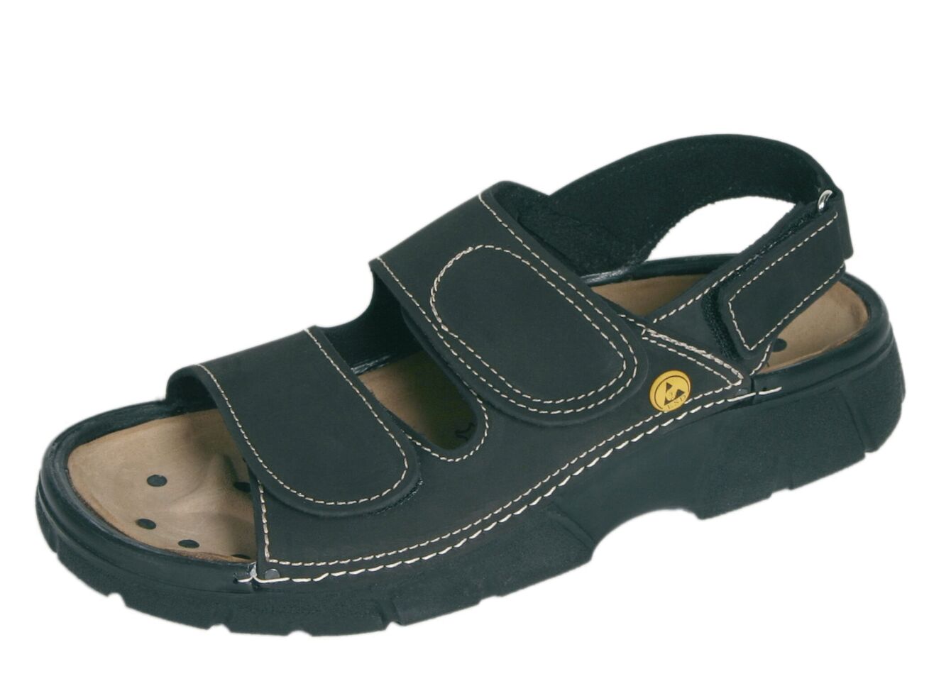 The sandal made of black leather features two wide Velcro straps and an open heel. The sole is thick and slip-resistant, with small holes for ventilation.