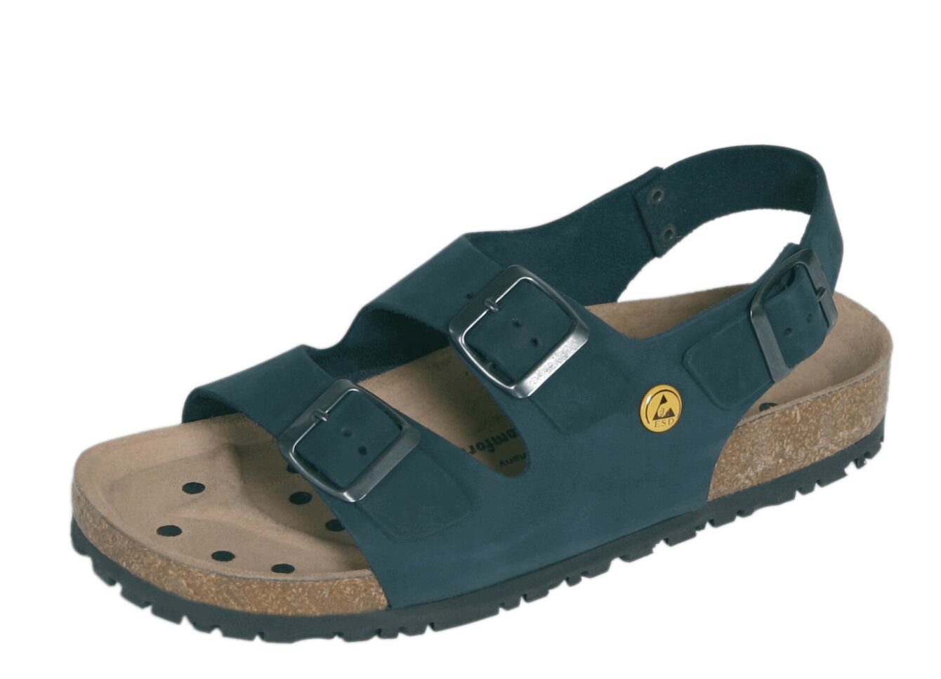 Der Schuh ist ein dunkelblauer Sandale mit zwei verstellbaren Riemen und Schnallen. Die Sohle ist braun und hat Punkte für bessere Rutschfestigkeit. Halterung hinten ist vorhanden.