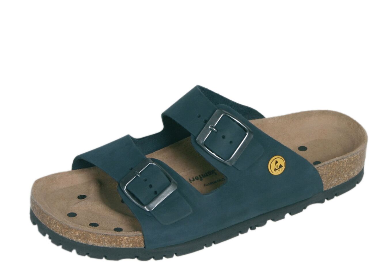 The shoe is a dark blue sandal with two straps and silver buckles. The sole is made of brown cork, with small holes for ventilation. It has a flexible, black rubber sole.