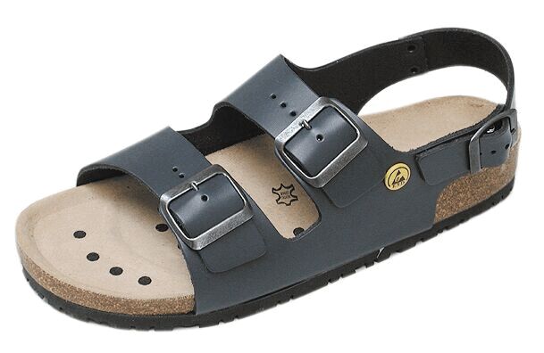 In the picture, there is a black sandal with two wide straps and metal buckles. The insole is made of light, soft material and has ventilation holes.