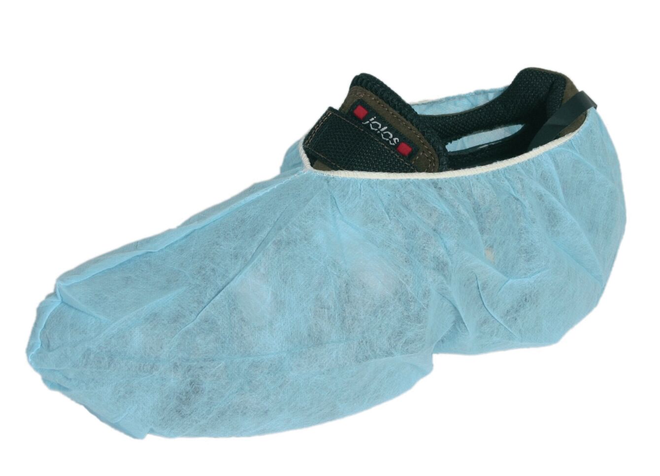 The image shows a blue shoe cover made from a thin, slightly shiny material. It has a narrow elastic band at the top to facilitate holding onto the shoe.