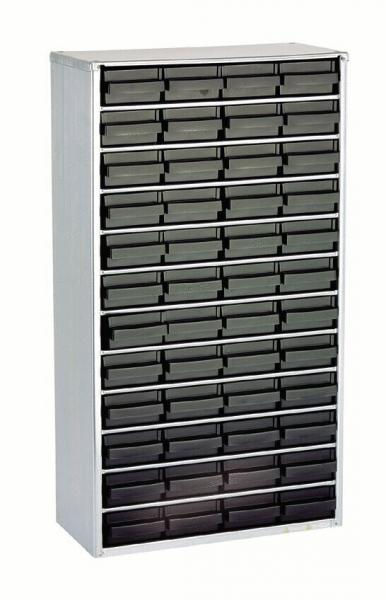 The image shows a tall, narrow cabinet with many small drawers. It is made of metal and has a gray surface. The drawers are dark and evenly arranged.