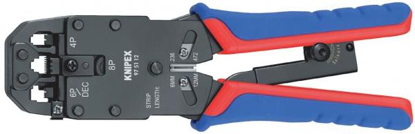 The image shows a black crimping tool with blue and red non-slip handles. It has multiple openings for processing cables and a scale for stripping lengths.