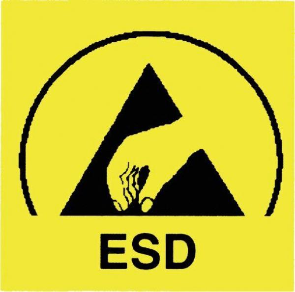 The image shows a yellow square with a black equilateral triangle. Inside it is a stylized hand pointing downward. Below it reads "ESD".