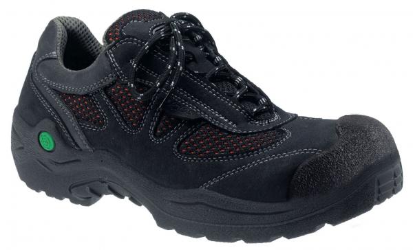 The shoe is ankle-high, predominantly black with gray and red accents. It has a padded tongue, laces, and a sturdy, non-slip sole. The toe cap appears reinforced.