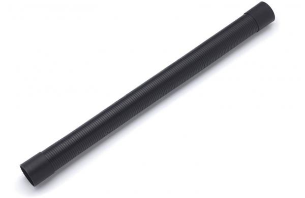 The image shows a long, slender, black plastic cylinder. It has a smooth surface at one end and is covered with fine grooves on the rest of it.