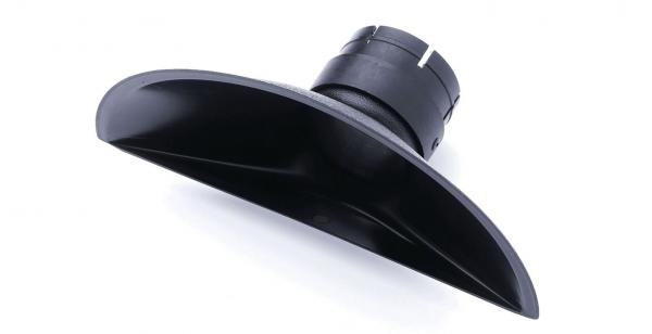 The image displays a black, bowl-shaped object with a cylindrical extension. It appears to be a technical component, possibly for a device or accessory.