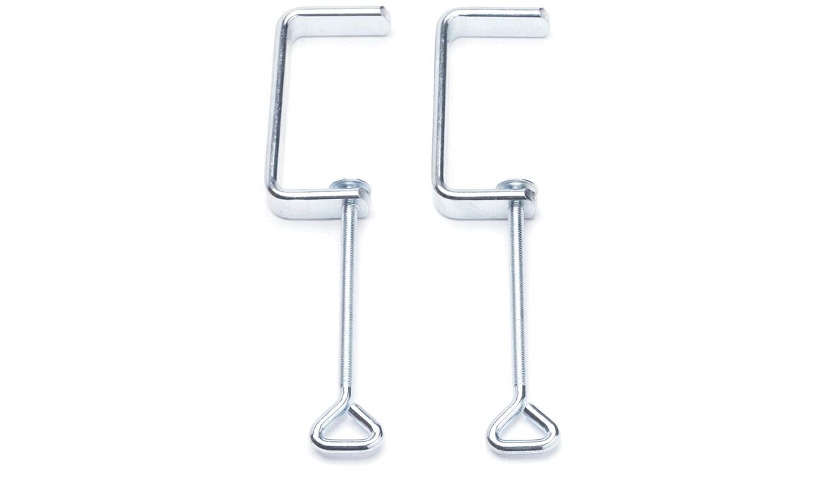 The image displays two silver metal clips. Each has a C-shape with a long, straight shaft and a small, triangular end. They are arranged next to each other.