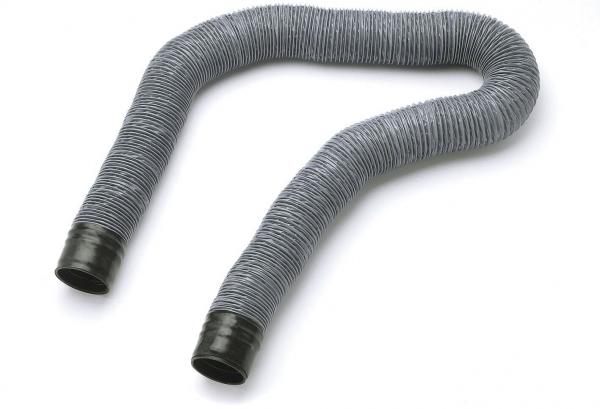 The image shows a flexible, corrugated hose in a U-shape. It has black transitions at both ends and a gray striped surface.