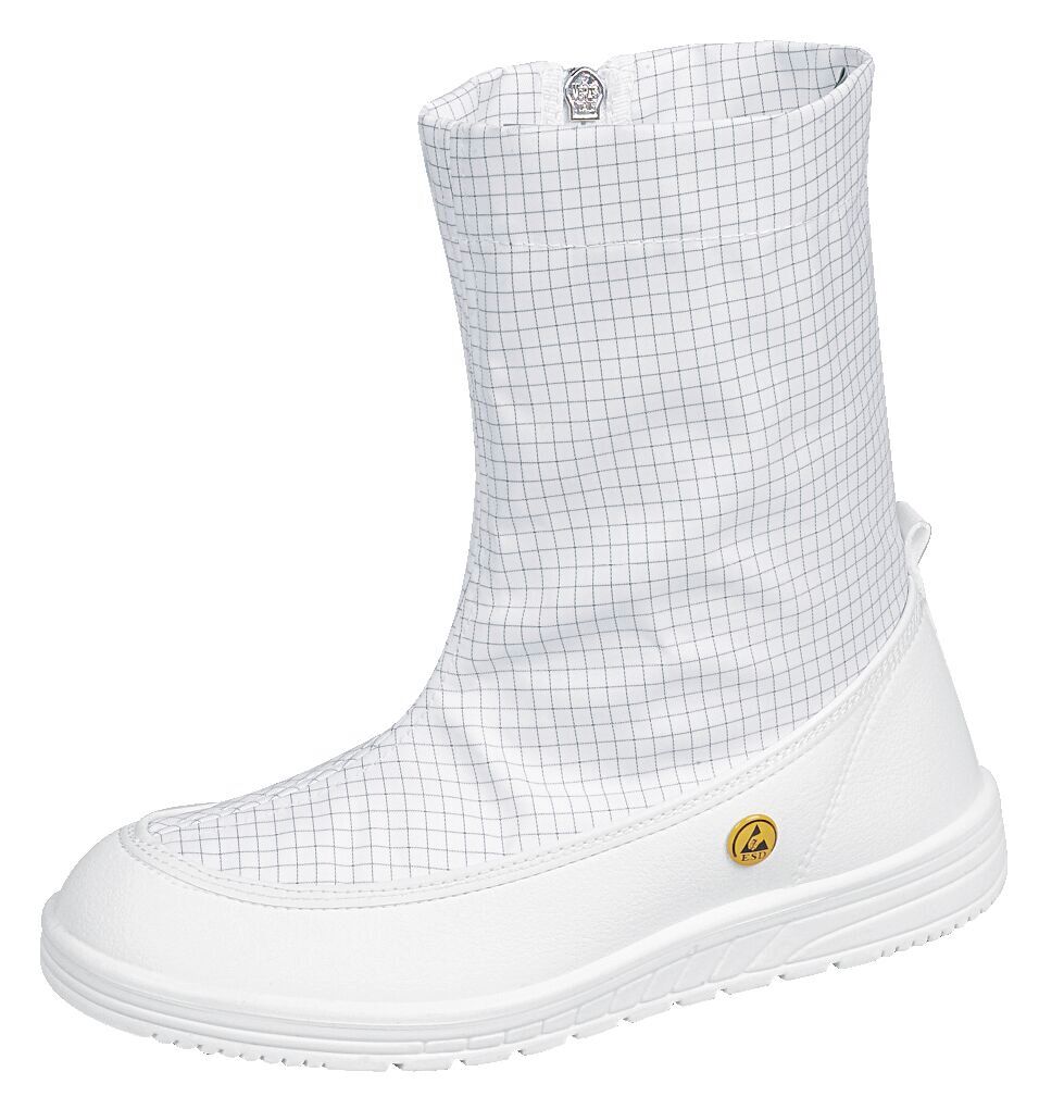 The boot is white with a checkered pattern in light lines. It has a high shaft and a soft, non-slip rubber sole. There is a golden logo on the side.