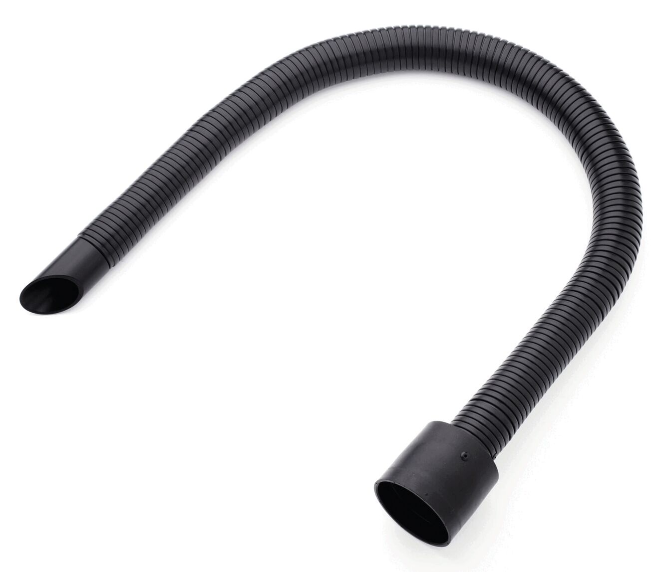 A flexible, black hose with a wide opening on one side and a narrower one on the other. It has a ribbed surface and an arched shape.