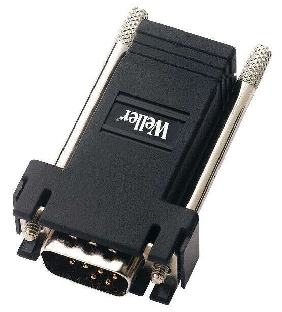 The image shows a black D-Sub connector with 9 pins. It has a rectangular shape and features two screws on the sides for mounting. A brand logo is visible at the top.