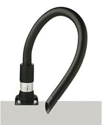 The image shows a flexible, black hose with a swivel connection. The hose has a slightly corrugated surface and a tapered opening at one end.