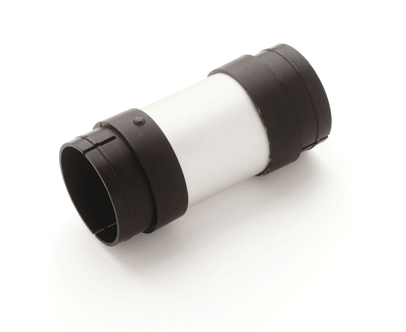 The image shows a cylindrical object with black ends and a white middle section. It has a smooth, solid handle and a small button on the side.