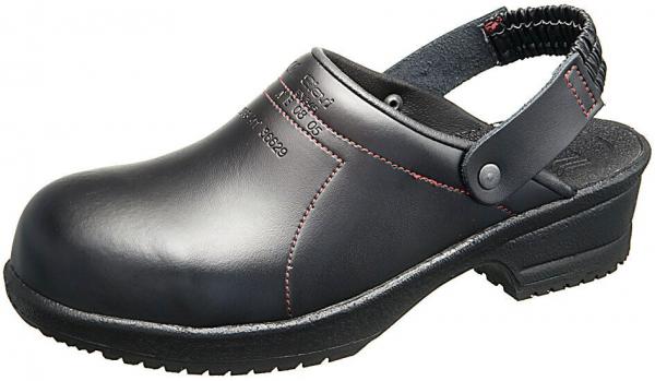 The image shows a black clog shoe with a closed front and an adjustable strap at the back. The surface is smooth, and the sole is slightly textured for better grip.